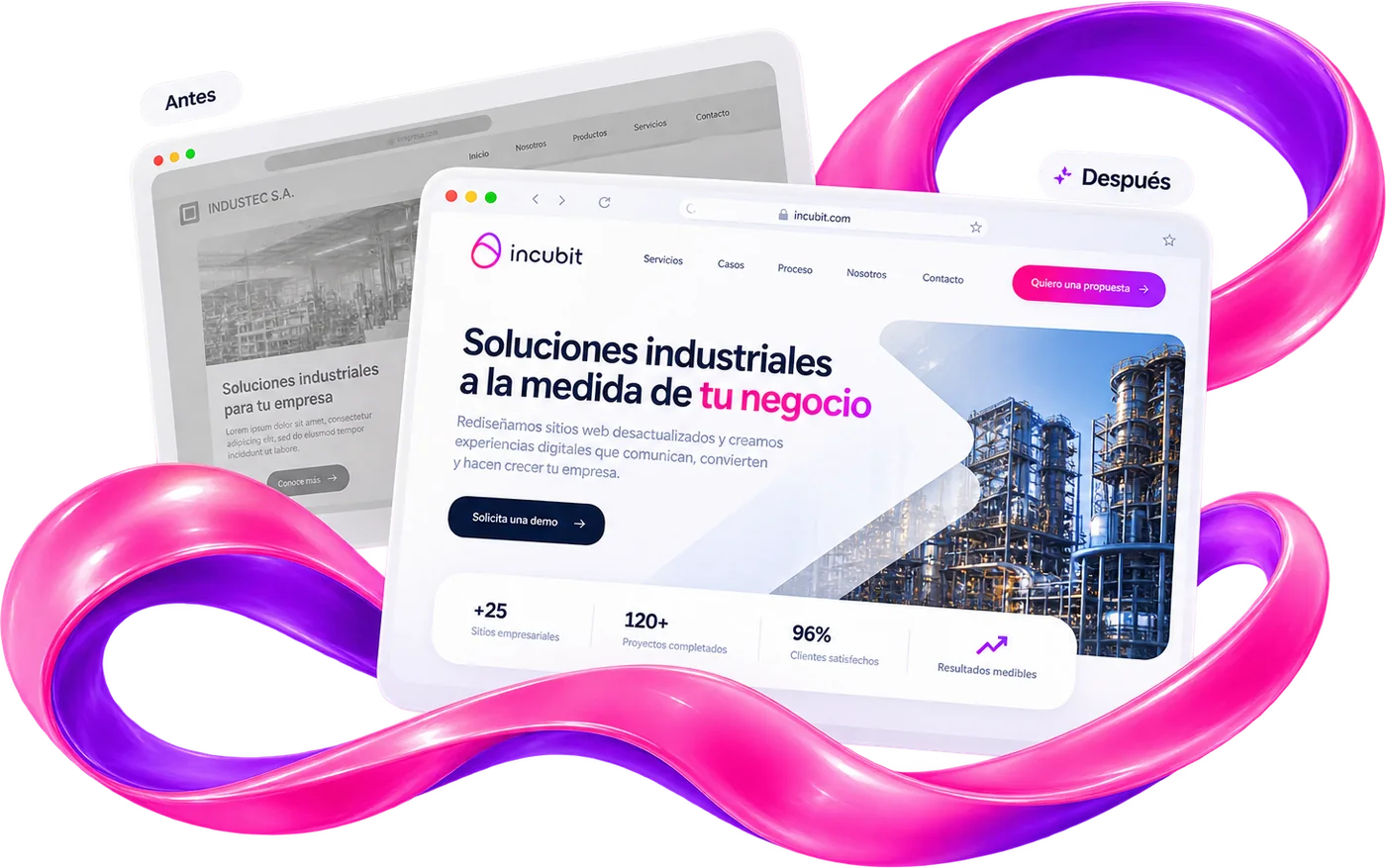 Sitio antes del rediseño y después del rediseño de Incubit
